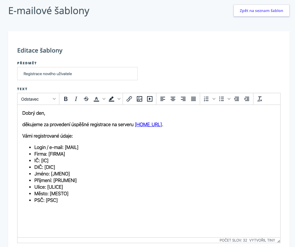 Co můžete editovat v e-mailových šablonách
